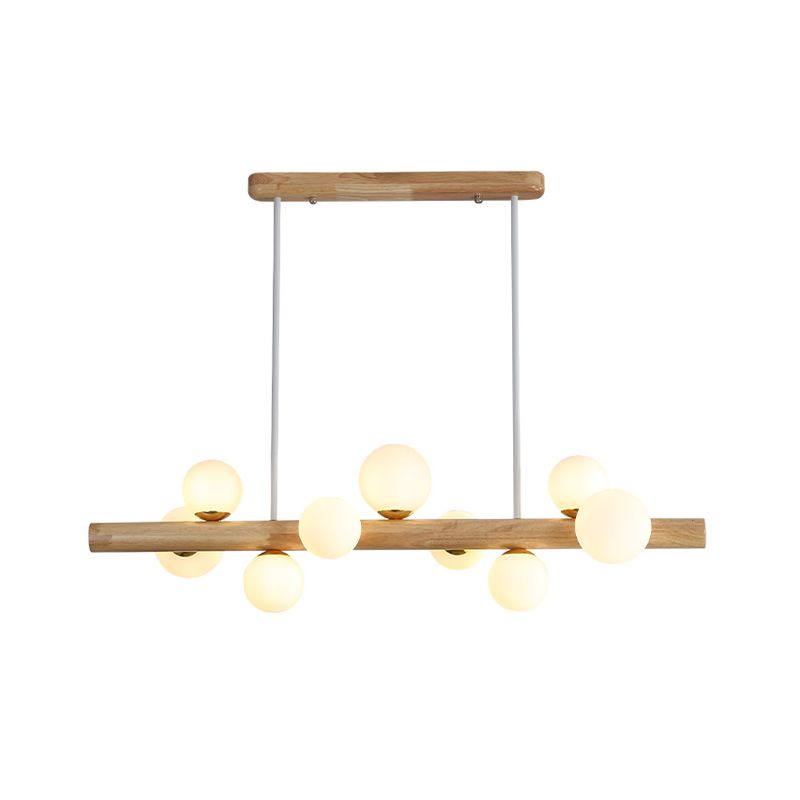 Linear Dining Room Island Light Wooden LED Simple Hanging Ceiling Light with Cream Glass Shade