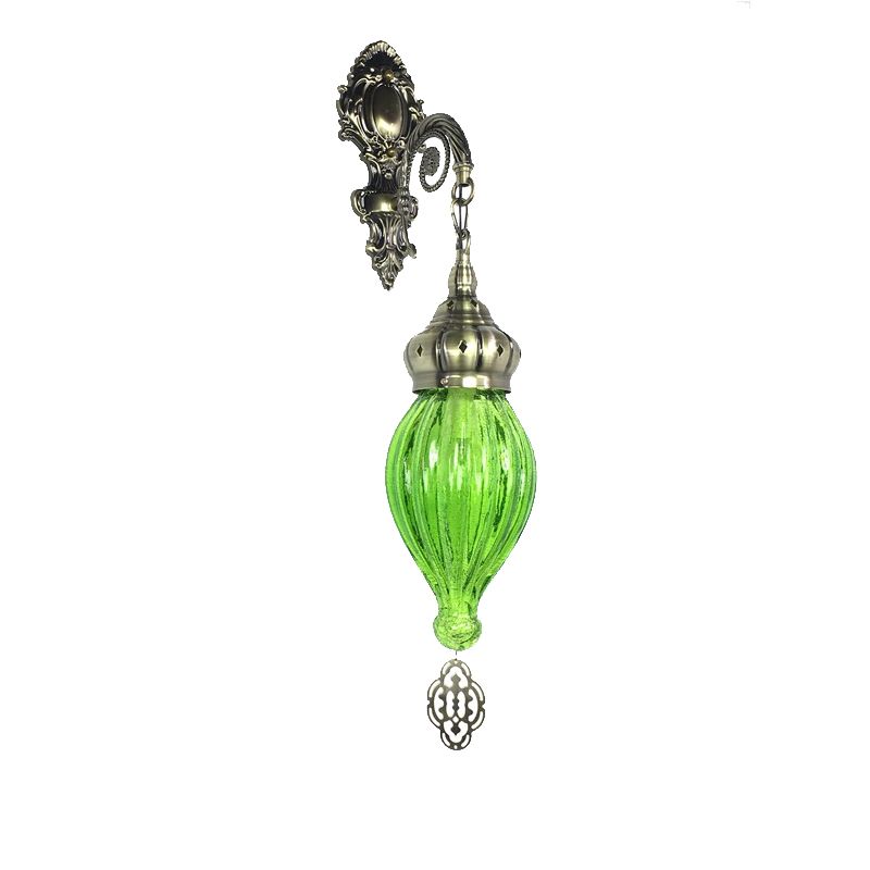 Traditional Teardrop Sconce Black/White/Light Blue Glass 1 Head Wall Mounted Lamp with Carved Metal Arm