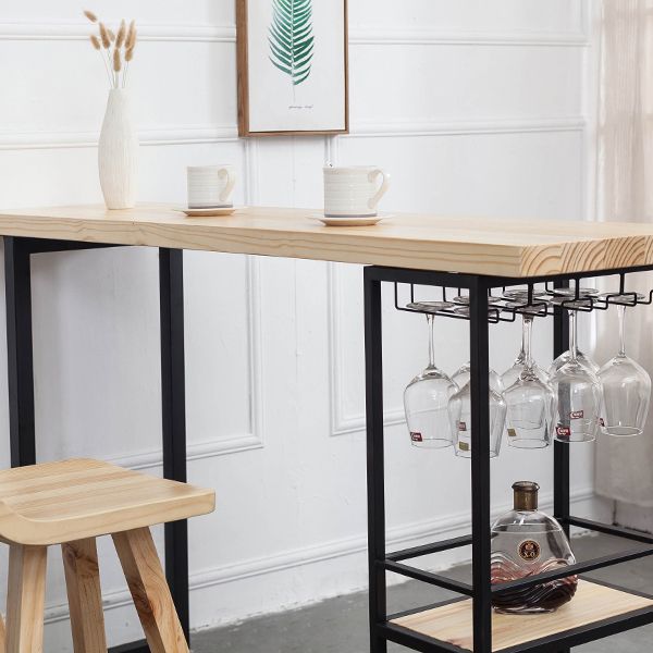 Natural Rectangle Bar Dining Table Pedestal Solid Wood Bar Height Table with Shelves