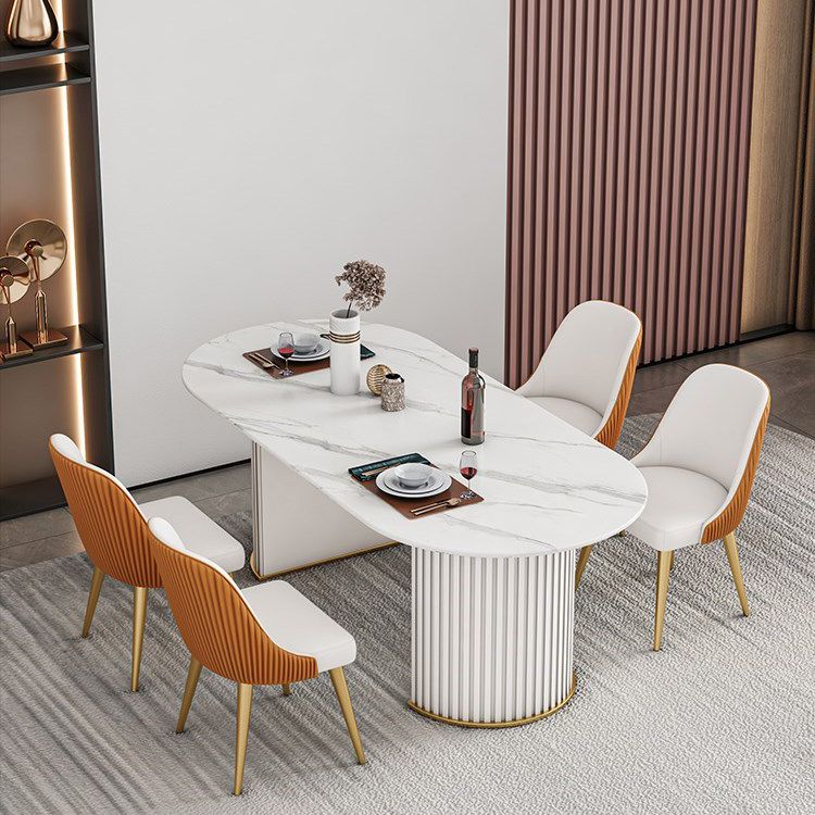 Ovale gesinterde steen witte toon eettafel moderne dubbele voetstuk tafel voor eetkamer