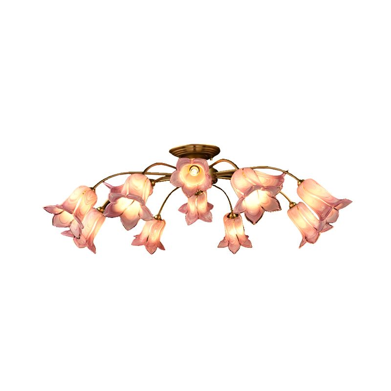 12 lichten semi -flush mount minimalisme bloesem wit/paars glas dicht bij plafondlamp voor slaapkamer