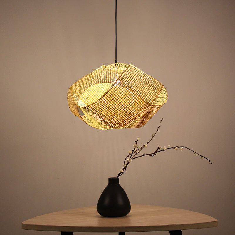 Luce a sospensione intrecciata intrecciata Bamboo contemporanea Singola sala da pranzo Luce a soffitto a beige, 16 "/19.5" /27,5 "w