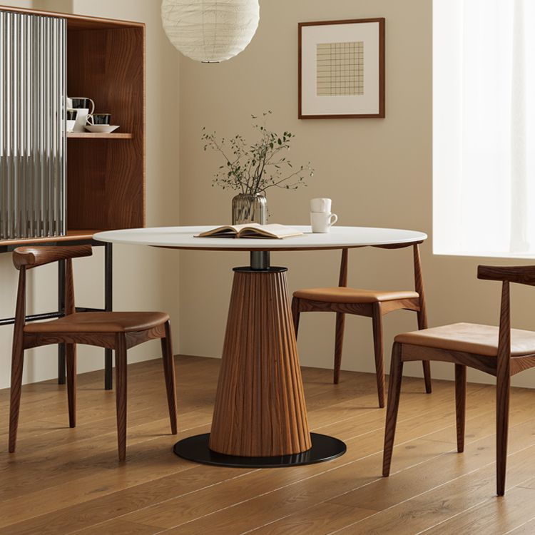 Modern Round Dining Room Table with Solid Wood Cone Base for Living Room
