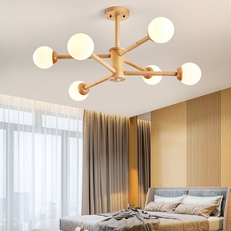 Modern Style Wooden Chandelier Ceiling Hanging Light Fixture with Glass Shade