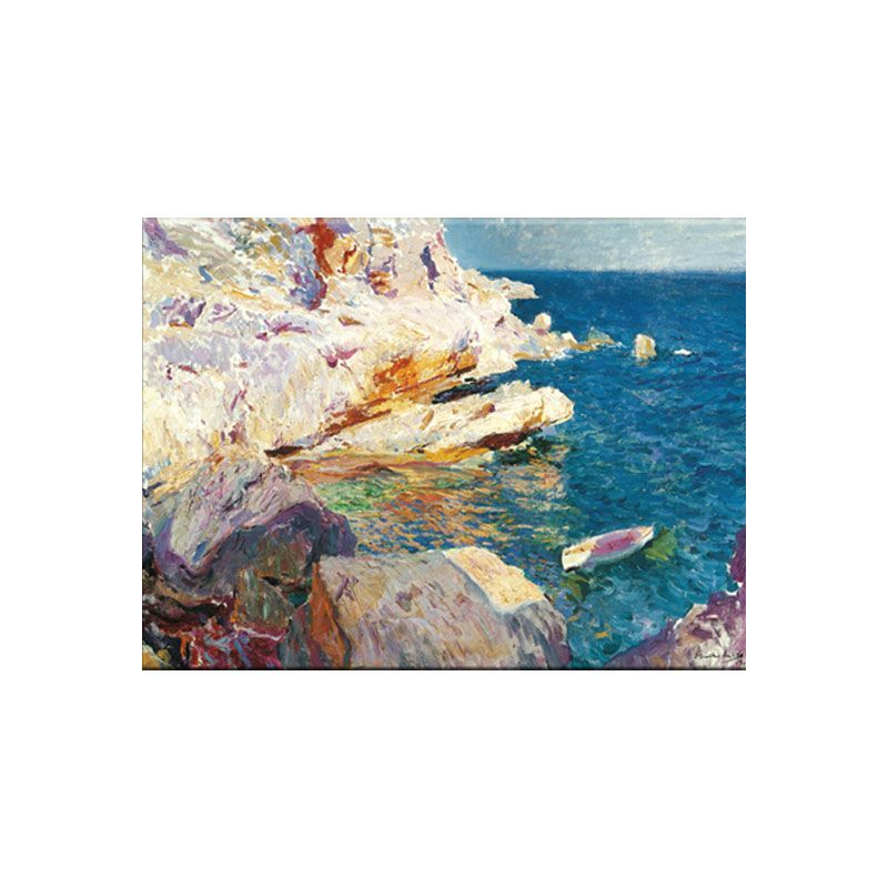 Tropical Ocean Rock Shore Canvas Art Blue-White Textured Painting for Sitting Room