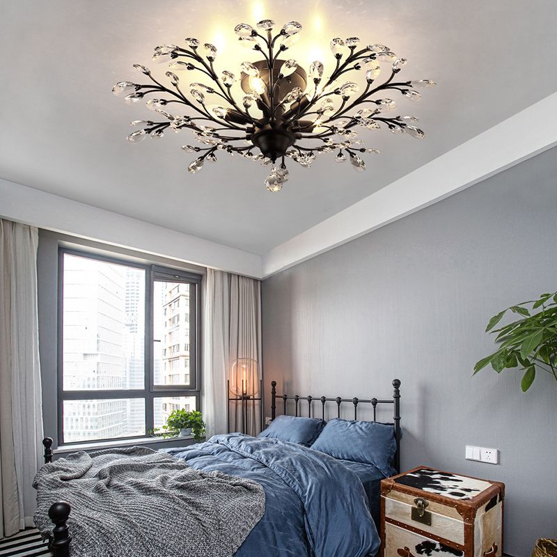 Contemporary Leaf Flush Light Crystal Flush Mount Ceiling Fixture in Black