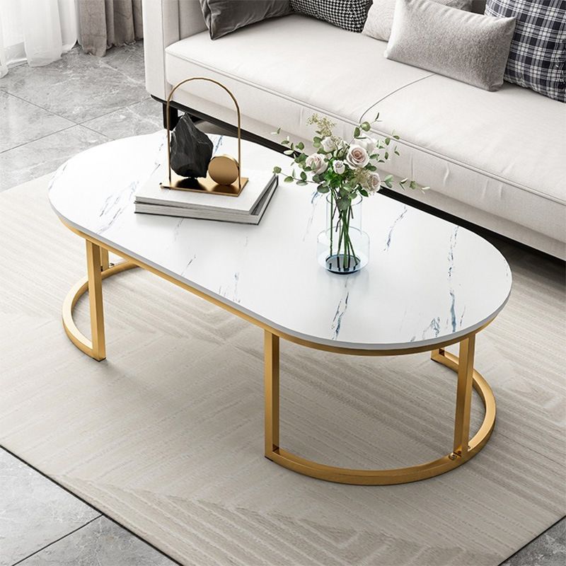 Glam Style Oval Marble Coffee Table with Iron Base Coffee Cocktail Table