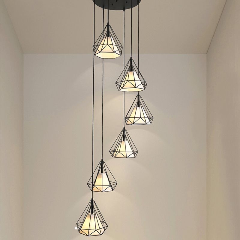 Simple Diamond Cage Multi Pendant Metal 6 Lumières Corridor Hanging Light Kit avec ombre en tissu intérieur en noir
