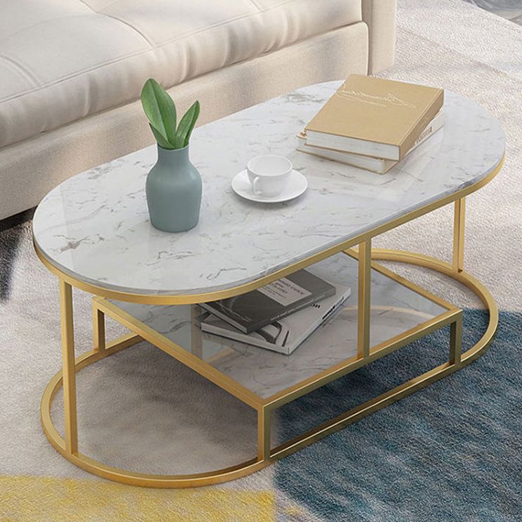 Fram Base Cocktail Table Shelf Included Oval Stone Coffee Table