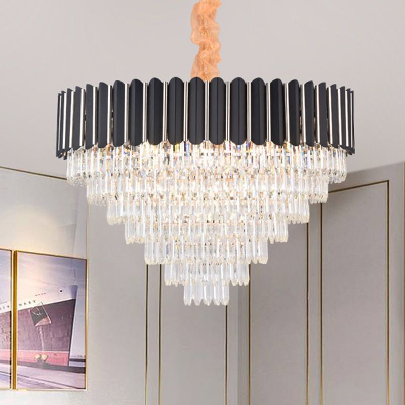 Layered Chandelier Lighting Fixture Minimalist Crystal 16/22 Lights Black Hanging Pendant Light