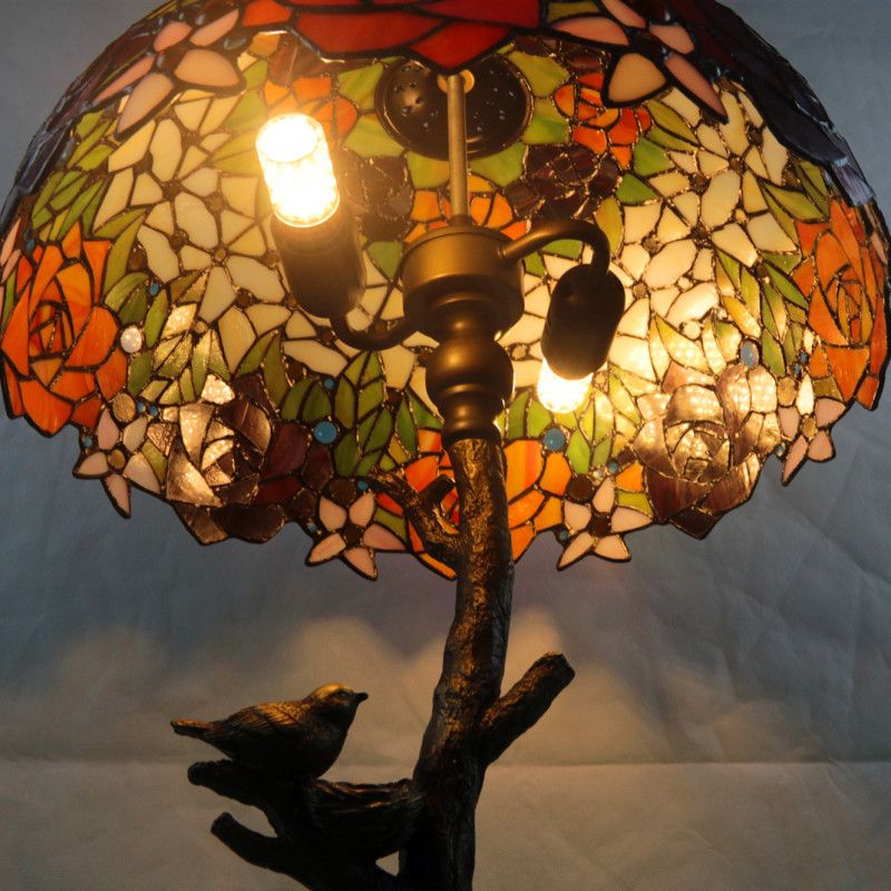 Antique Brass Single Light Nightstand Mediterranean Stained Glass Rose/Dragonfly/Victorian Night Table Light for Bedside
