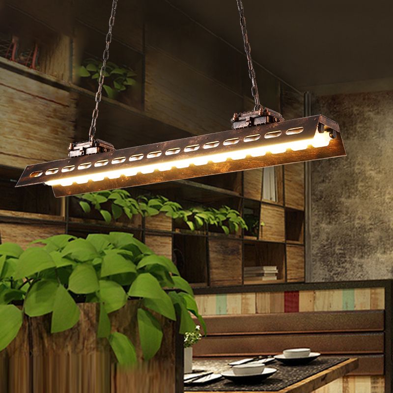 Rectangle Restaurant Island Lighting Antiqued Iron 2 Bulbs Rust Finish Ceiling Hang Fixture