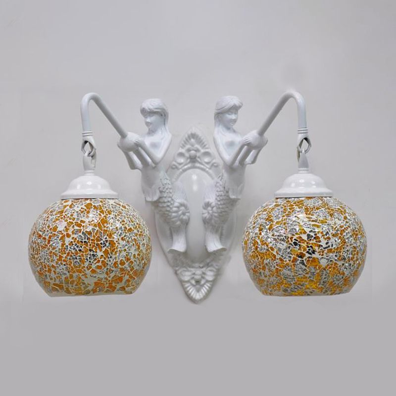 Cut Glass Red/Pink/Yellow Vanity Lamp Globe Shade 2 Lights Mediterranean Sconce Light Fixture for Bathroom