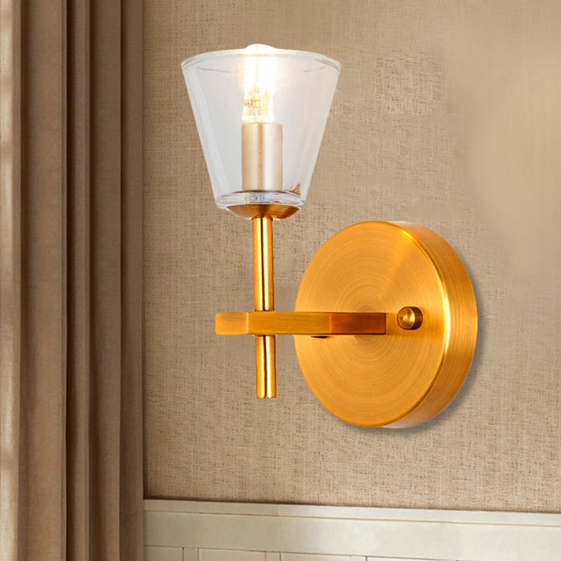 1/2-Light Clear Glass Wall Light Modern Style Gold Cone Bedroom Wall Sconce with Clean-Lined Arm