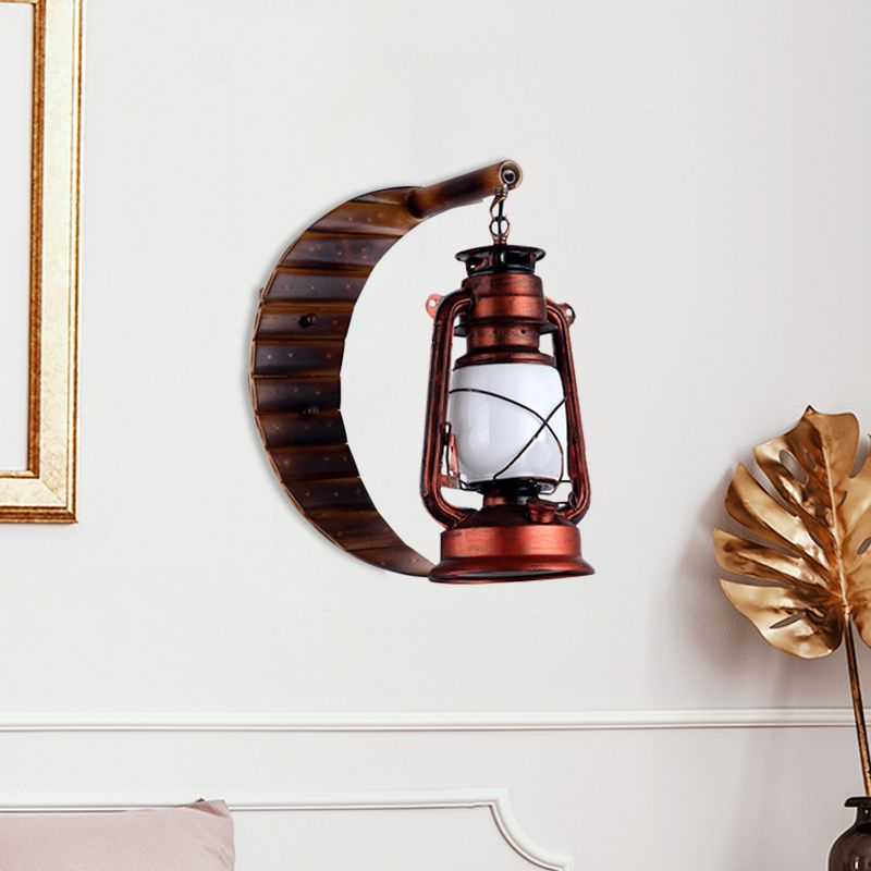 White Glass Copper Sconce Lamp Lantern 1 Light Coastal Style Wall Mounted Light with Bamboo Crescent Deco
