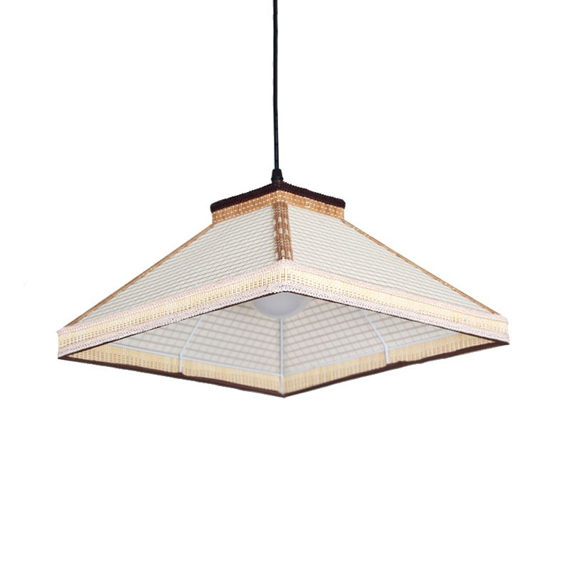 Chinesische Pyramide hängende Deckenleuchte Bambus/Rattan 1 Light Restaurant Anhängerlampe in Weiß/Elfenbein/Braun