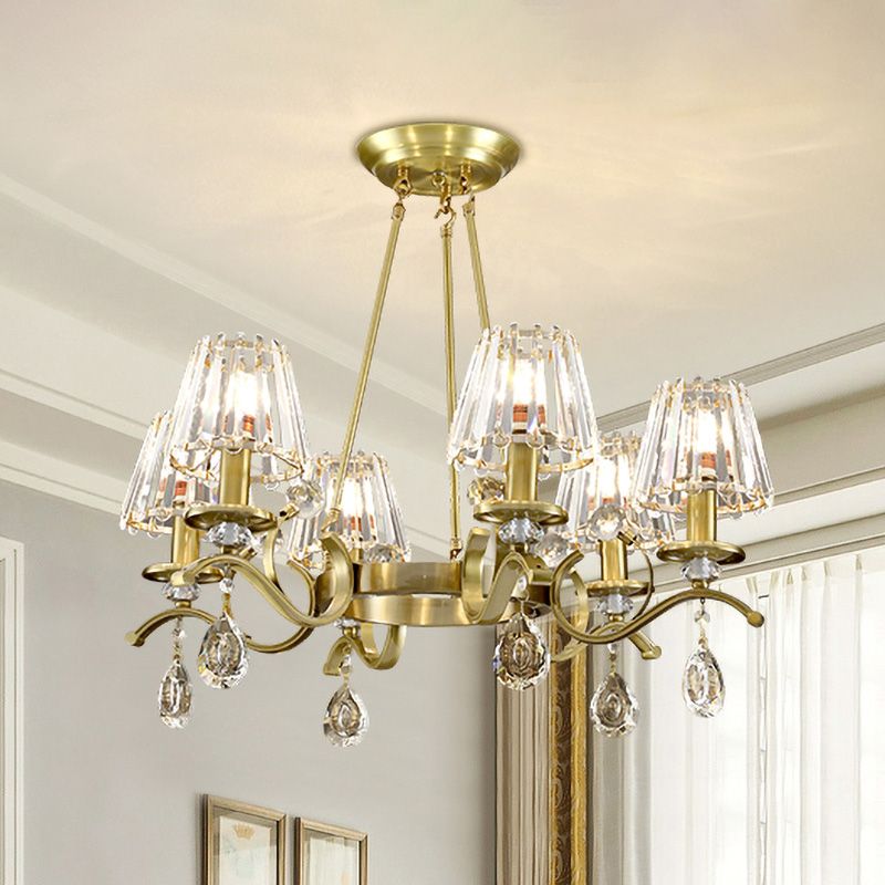 Gold Finish Wheel Chandelier Postmodern Metal 6-Head Living Room Hanging Lamp with Cone Crystal Shade