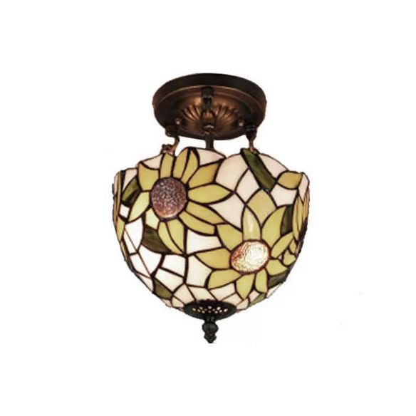Bedroom Ceiling Light Tiffany, Sunflower Semi Flush Light with Rod and Stained Glass Shade