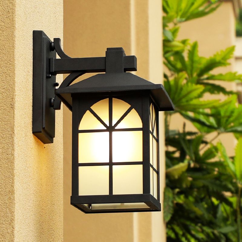 1-Light Opaque Glass Sconce Lighting Traditional Black House Shaped Outdoor Wall Light