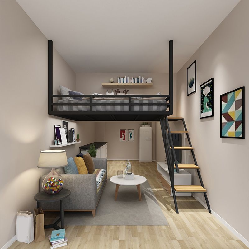 Scandinavian Metal Loft Bed White/Black Built-In Ladder Kids Bed