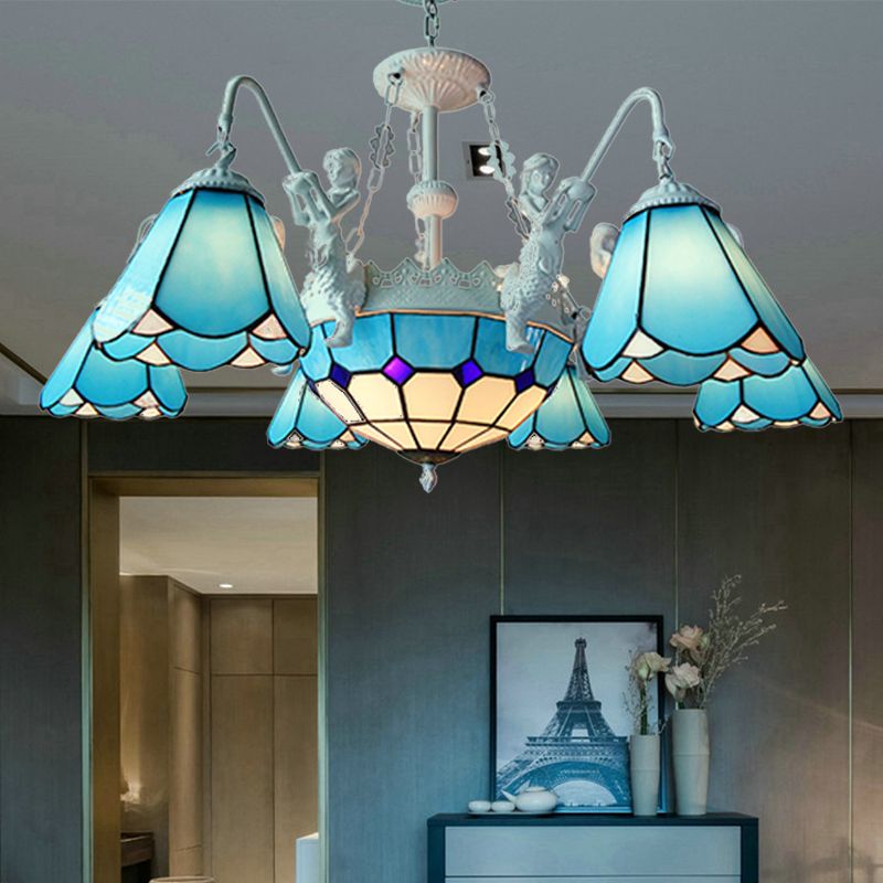 Stained Glass Cone Pendant Chandelier Baroque 7/9 Lights Yellow/Blue Hanging Light Kit for Living Room