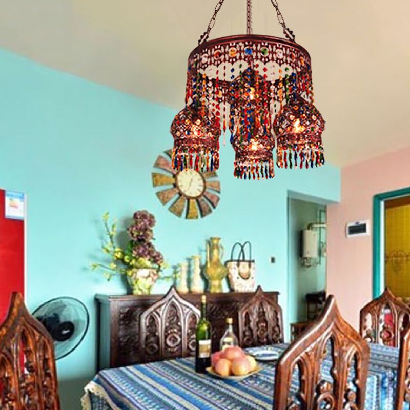 Copper Circular Chandelier Pendant Light Bohemian Metal 4 Heads Dining Room Ceiling Suspension Lamp