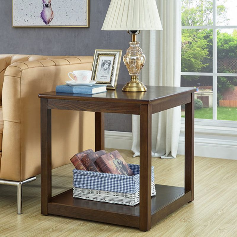 Rubberwood Double Tier End Table, Brown End Table with Storage