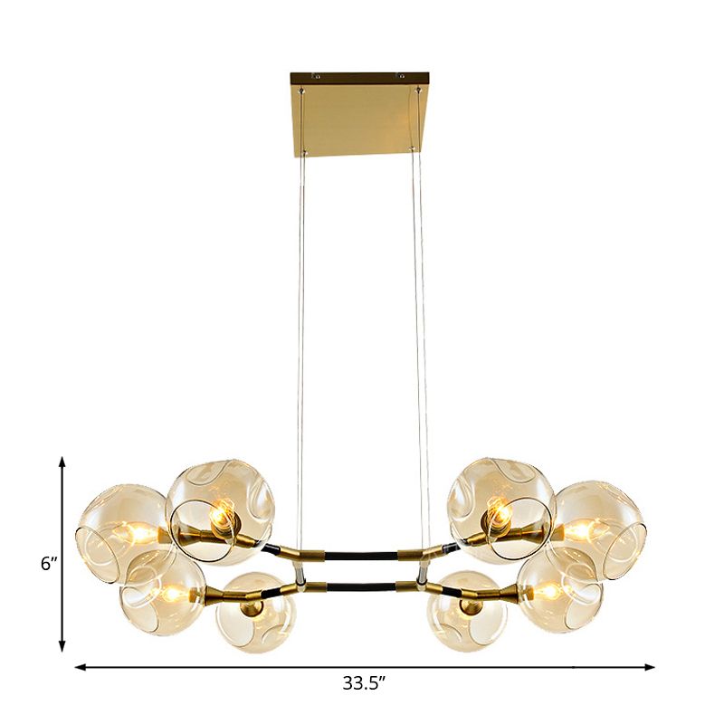 Branch Chandelier Pendant Lamp Modern Metal Multi Lights Brass Ceiling Hung Light with Amber Dimpled Blown Glass Ball Shade