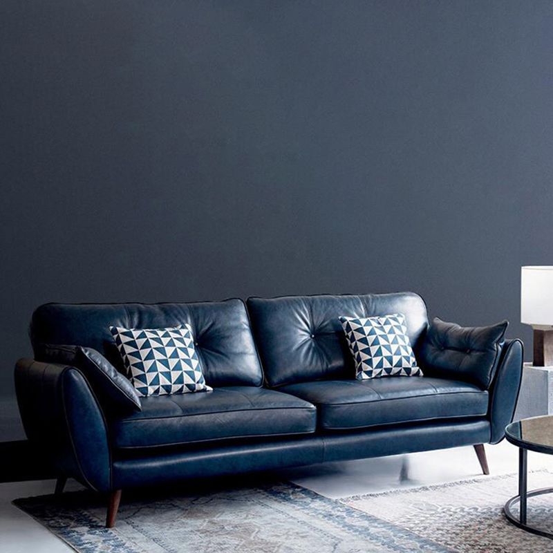 Genuine Leather Flared Arm Sofa Modern Jewel-tuft Wood Legs Sofa