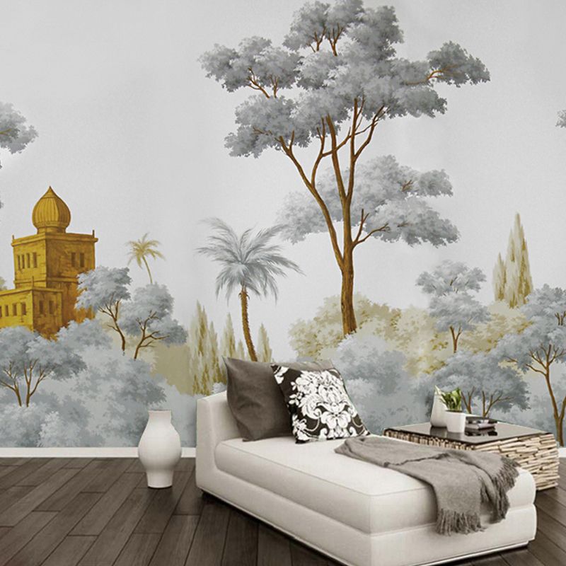 Simple Castle and Tree Mural Wallpaper for Home Decoration, Extra Large Wall Art in Grey and Green