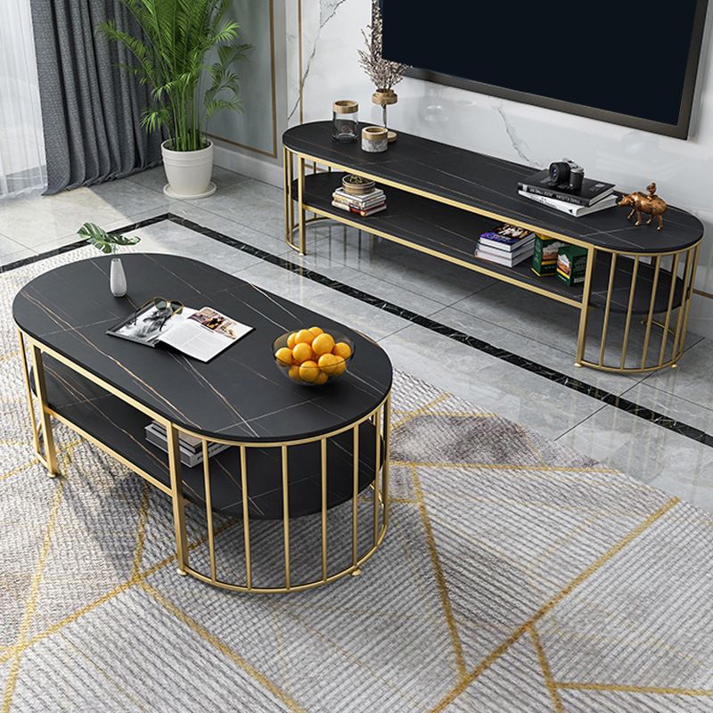Glam Marble Coffee Cocktail Table Frame Oval Coffee Table with Shelf