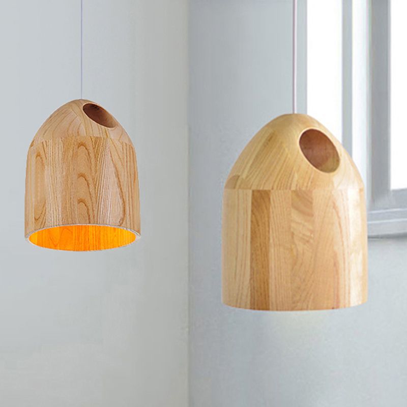 Wood Bell Drop Pendant Contemporary Japanese Style 1-Light Beige Ceiling Light with Adjustable Hanging Cord