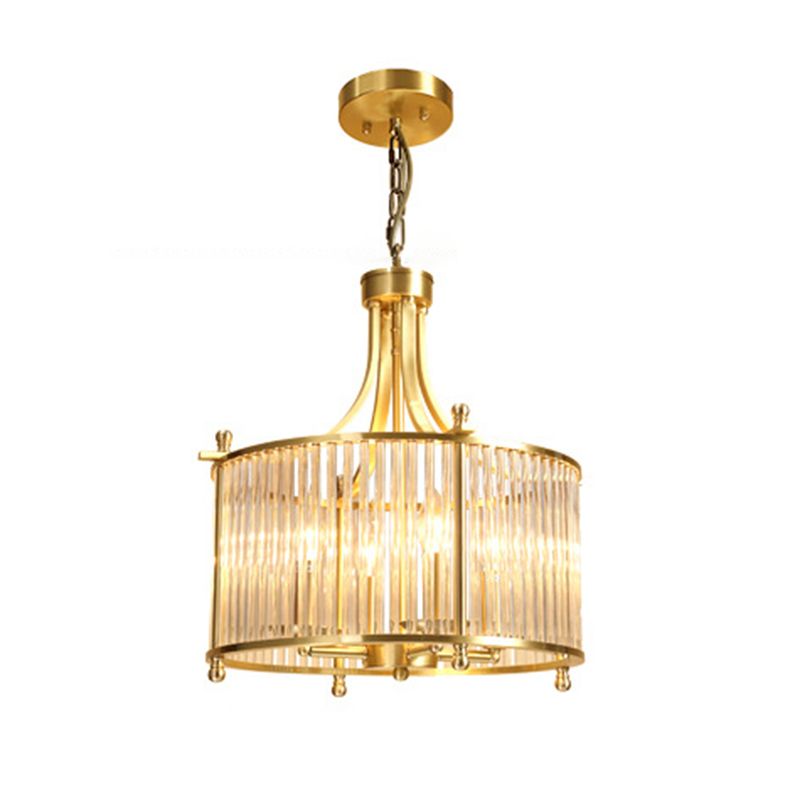 Drum Shaped Dining Room Chandelier Traditional Clear Glass Rod 4-Light Gold Ceiling Pendant