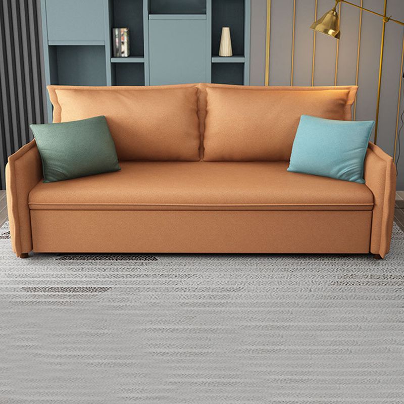 Orange Upholstery Sofa Bed with 2 Pillows Back and Square Arm