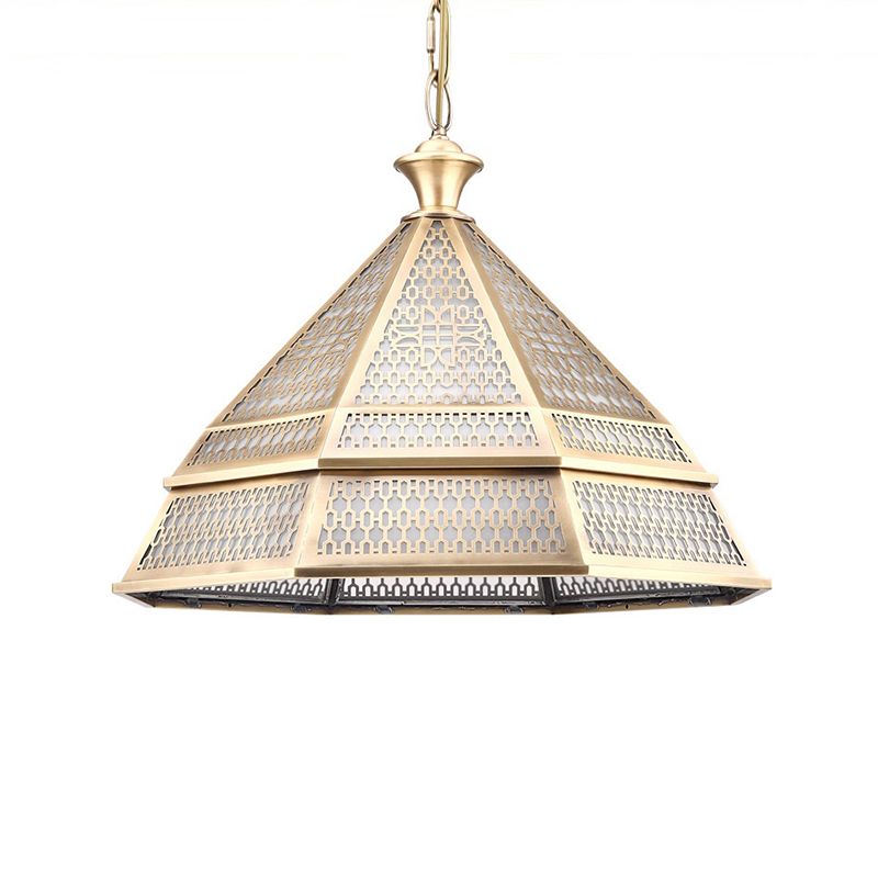 Tapered Living Room Ceiling Lamp Art Deco Metal 1 Head Brass Pendant Light Fixture