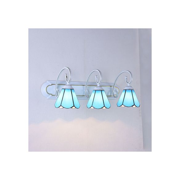 3 Heads Wall Mount Light Tiffany Cone White/Blue Glass Vanity Sconce Light for Bathroom
