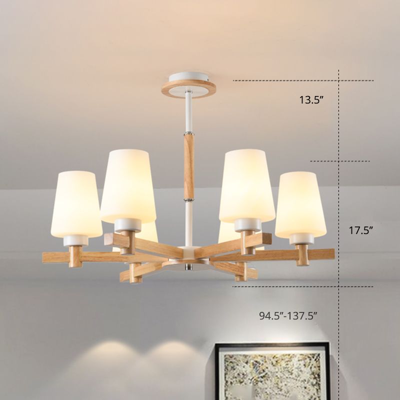Milk Glass Tapered Chandelier Modern Wood Suspension Light Fixture for Living Room
