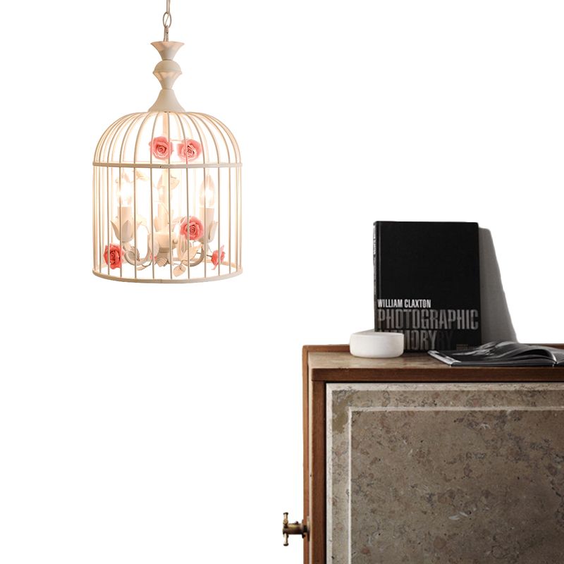 3 Lights Chandelier Light Rustic Birdcage Metal Hanging Ceiling Light with Blue/Pink Flower Decoration