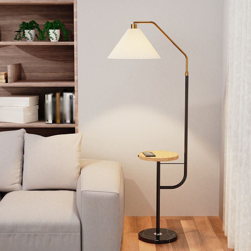 Nordic Style Floor Lamp Burlap Shade Floor Light with Table for Living Room