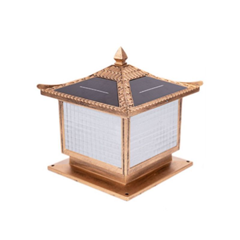 1-Light Pillar Lamp Square Solar Lighting Fixture with Glass Shade for Garden