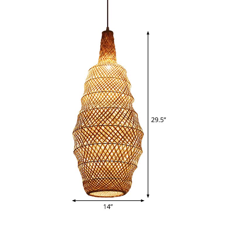 1 Bulb Hand Woven Pendant Light Chinese Bamboo Suspended Lighting Fixture in Flaxen
