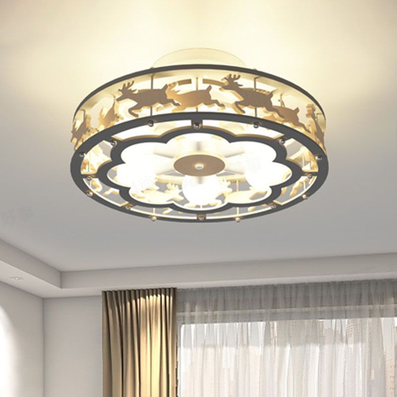 IJzeren trommel plafond verlichtingsarmatuur Noordse 6-bulb grijze semi-spoeling met houten elanden decor