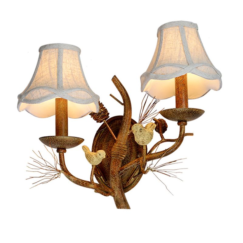 Vintage Flared Wall Light Fixture Fabric Wall Mounted Lamp with Bird Decor in Rust for Restaurant