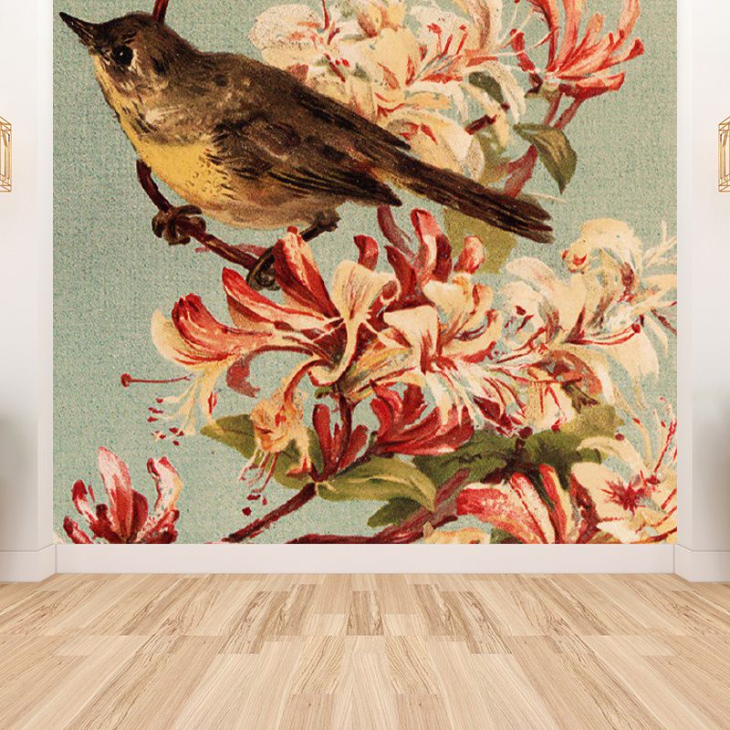 Brown Contemporary Mural Wallpaper Big Bird and Flower Branch Wall Art for Playroom