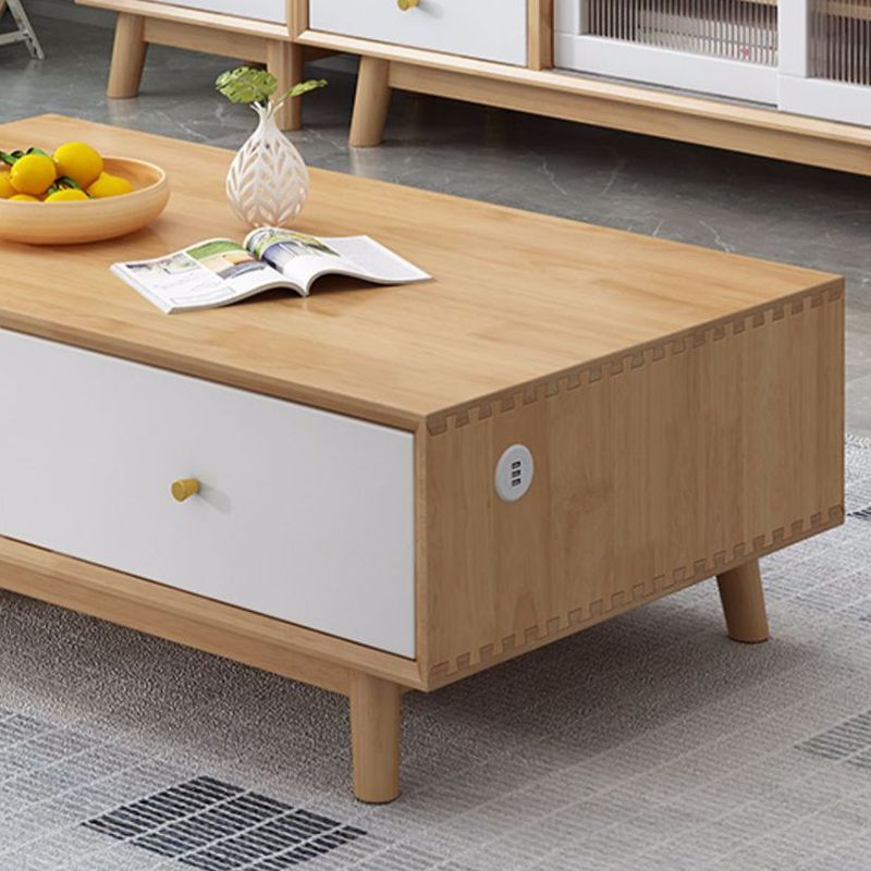 Wooden Coffee Table with 2 Drawers and 4 Wooden Legs in Brone for Living Room
