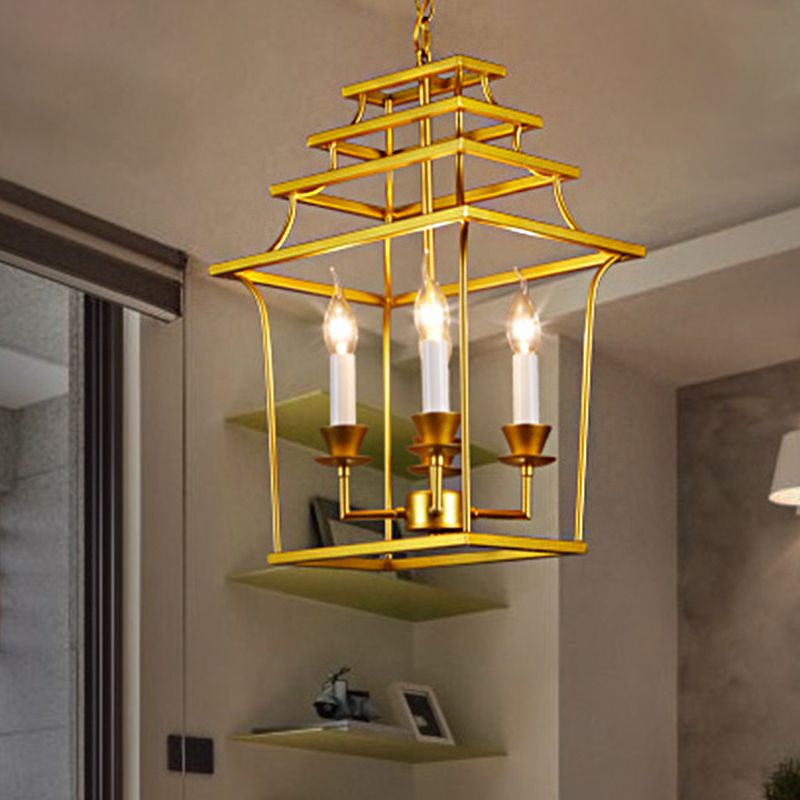 4 Heads Metal Chandelier Vintage Style Gold Cage Shade Living Room Pendant Light with Adjustable Chain