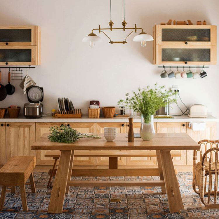 Modern Khaki Kitchen Dining Table Solid Wood Rectangle Shape Dining Table with Trestle Base
