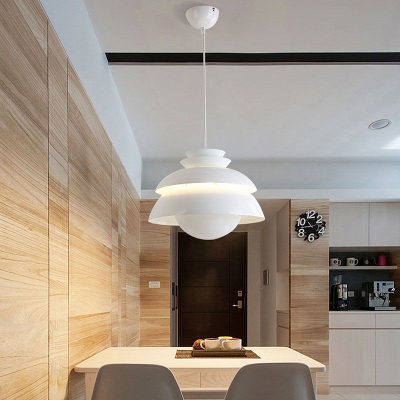 White Tiered Hanging Light Contemporary Style 1-Light Metallic Pendant Lamp with Flared Shade for Restaurant