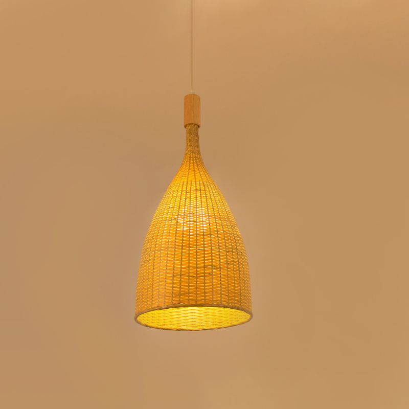 Single Restaurant Suspension Lamp Asia Beige Pendant Light with Funnel Bamboo Shade
