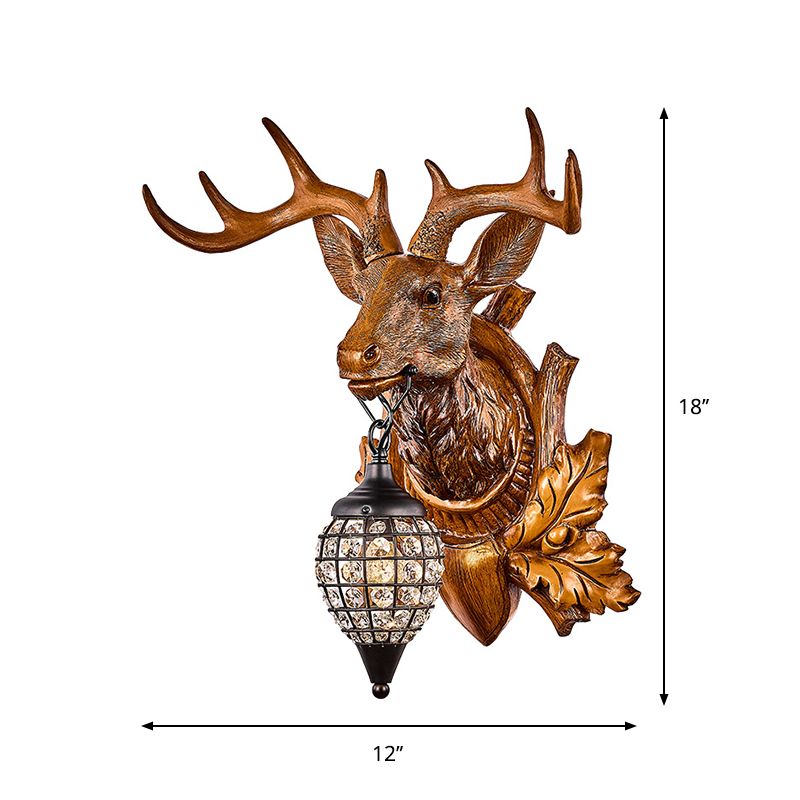 Brown Single Light Wall Sconce Classic Resin Deer Head Wall Lighting Fixture with Teardrop Clear Faceted Crystal Shade